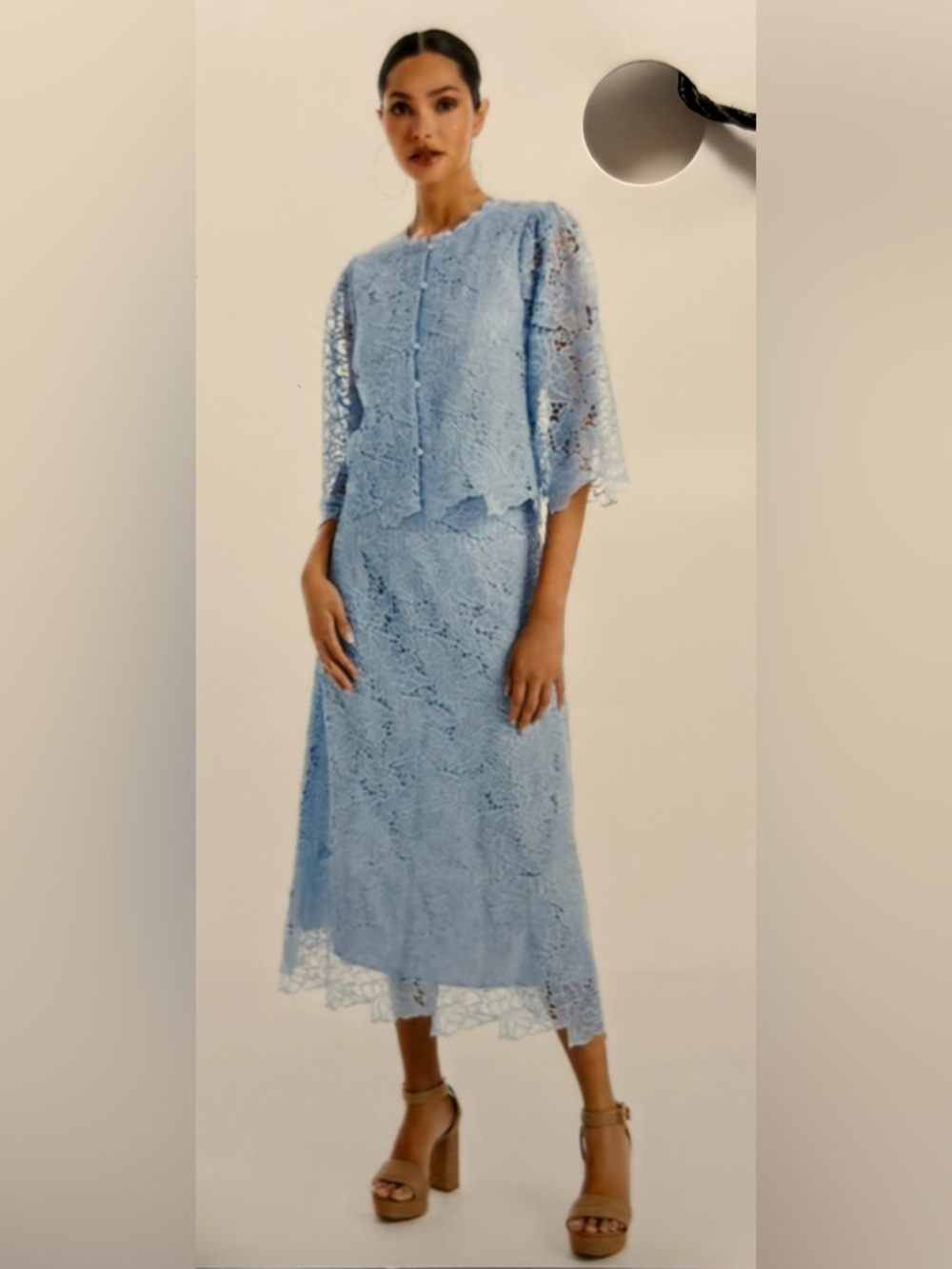 Light Blue-Periwinkle Lace Two-Piece Dress Set. Top and Skirt.